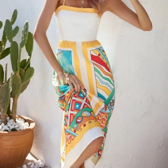 Yellow Boho Womens Graphic Print Cami Dress - Picture 2 of 5